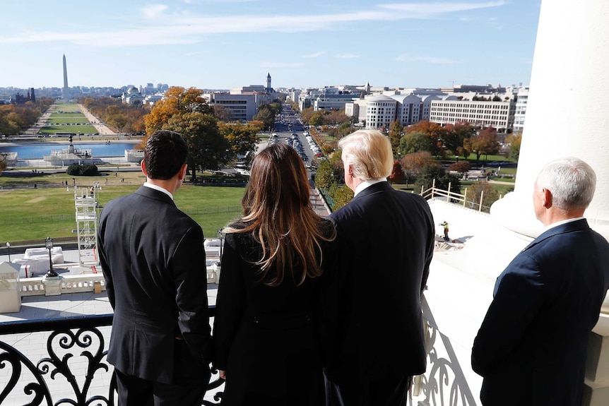 Paul Ryan shows Melania and Donald Trump the view from the Speaker's Balcony.