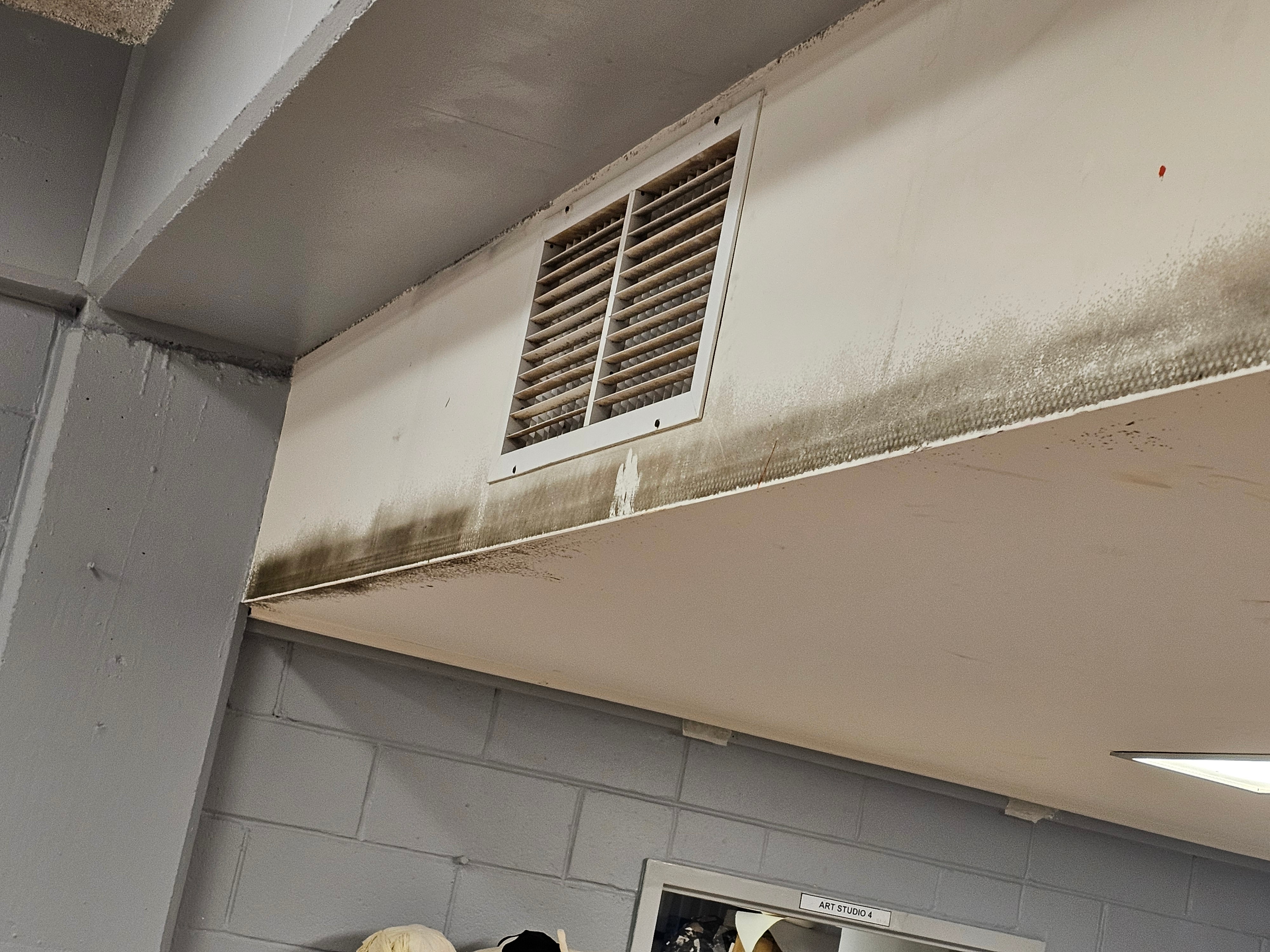 A ceiling inside a classroom with mould growth.