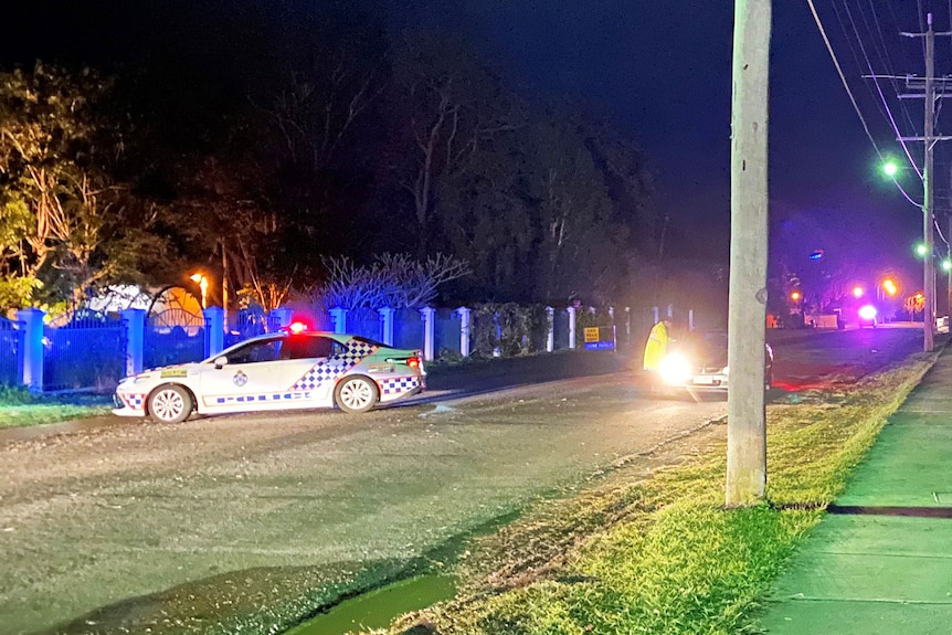 Police car in Baden Jones Way at North Booval in Ipswich about 5:00pm on July 27, 2021