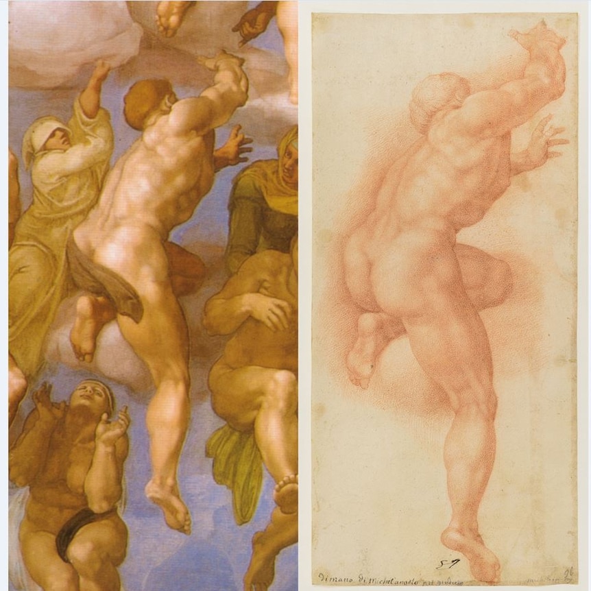 Detail from "Ascesa dei Beati" from Sistine Chapel; 16th-century drawing reproducing the same detail.