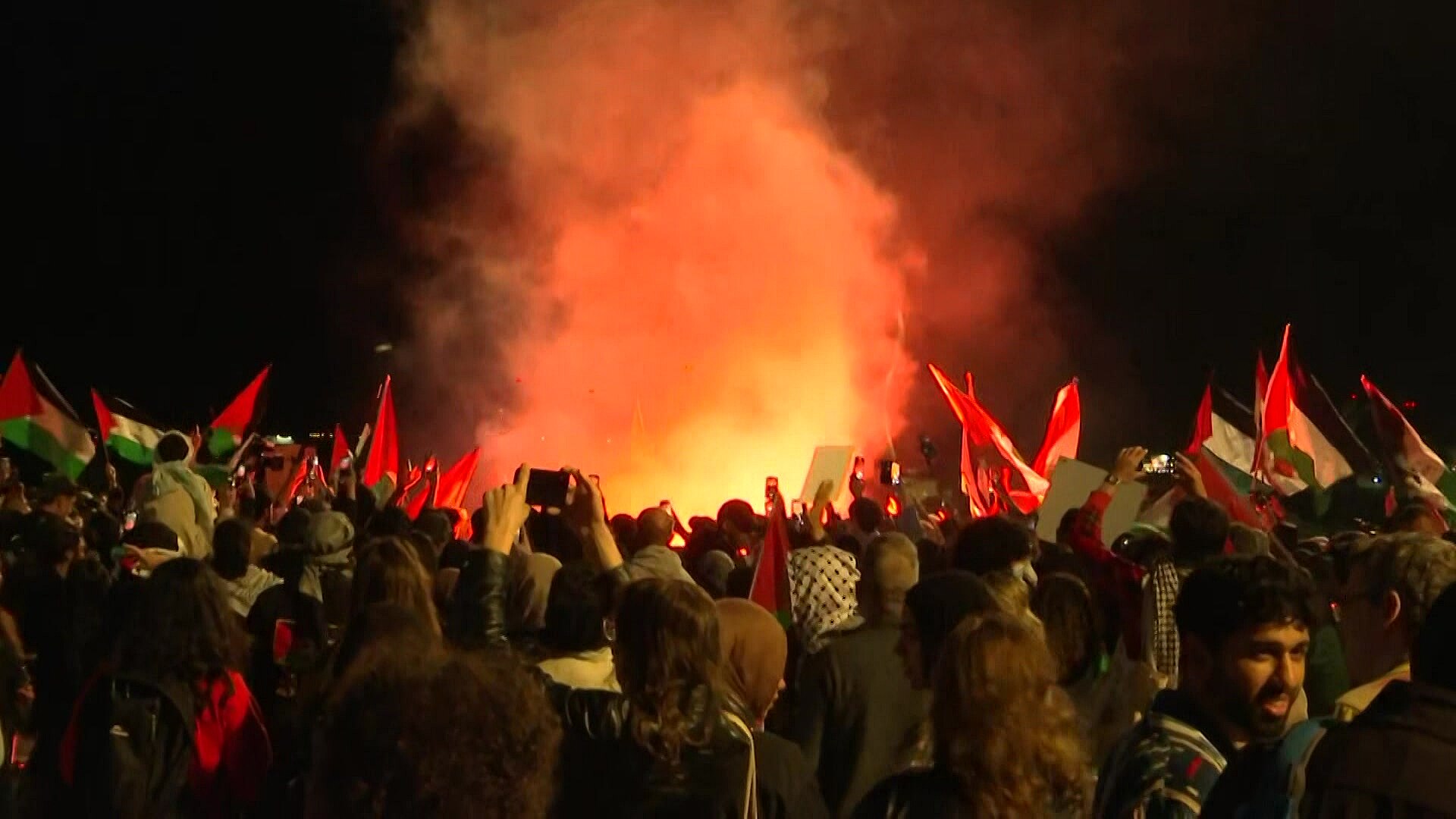 flares were let off at a pro-palestine rally on the opera house forecourt on monday october 9 