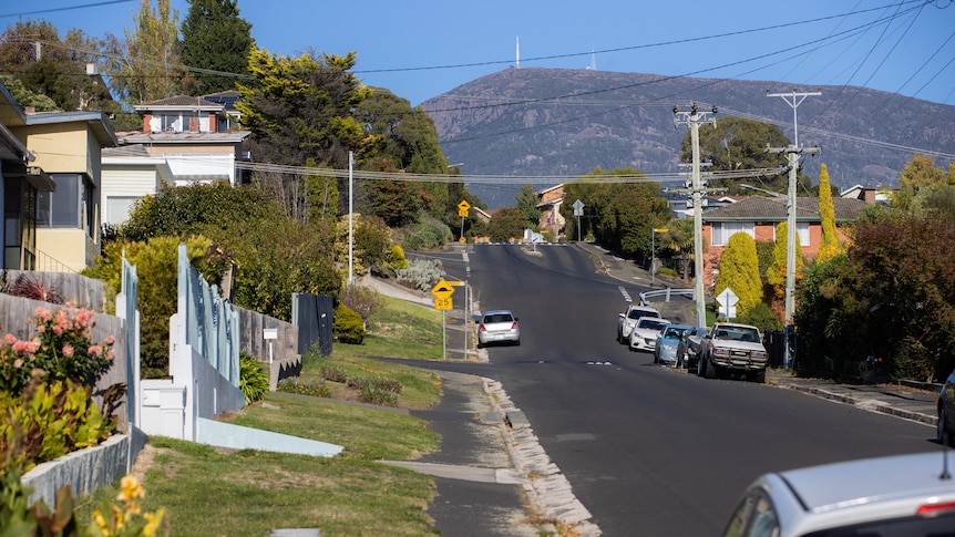A view of a suburban street, with kunanyi/Mount Wellington visible in the distance