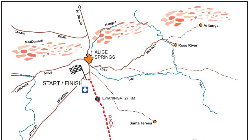 Map of the Finke Desert Race from Alice Springs to Finke and back again