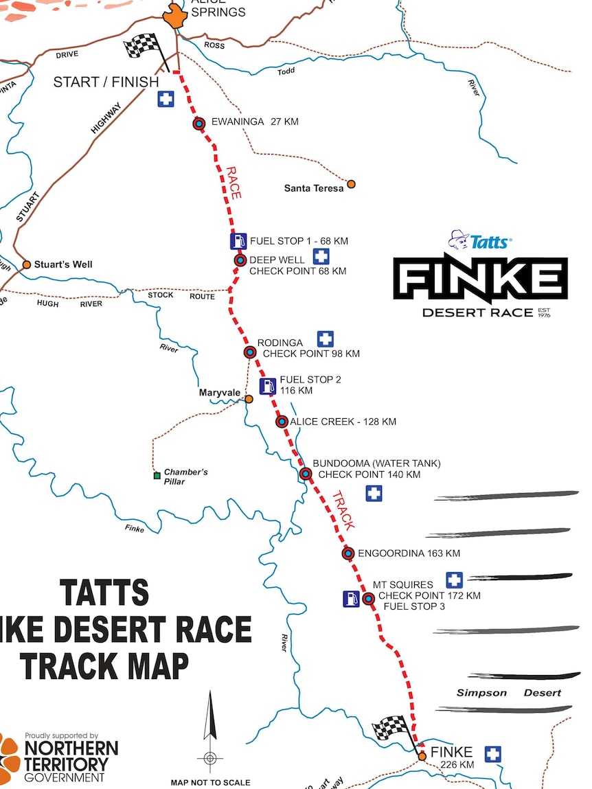 Map of the Finke Desert Race from Alice Springs to Finke and back again