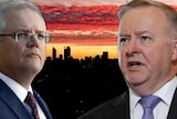 Scott Morrison and Anthony Albanese in front of the Perth skyline