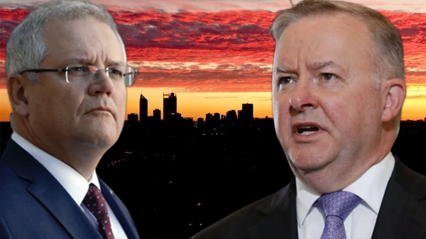 Scott Morrison and Anthony Albanese in front of the Perth skyline