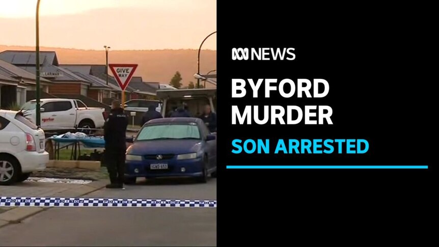 Byford Murder, Son Arested: A police officer stands on a suburban street with police tape in the foreground.