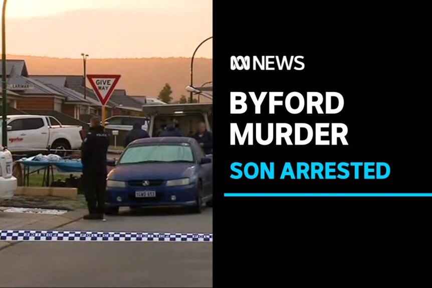 Byford Murder, Son Arested: A police officer stands on a suburban street with police tape in the foreground.
