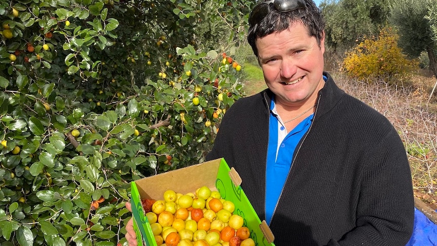 A man holding up a box of colourful jujubes on a farm.