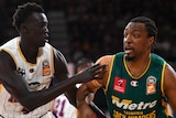 A Tasmania JackJumpers NBL player dribbles the ball while being defended by a Sydney Kings opponent.