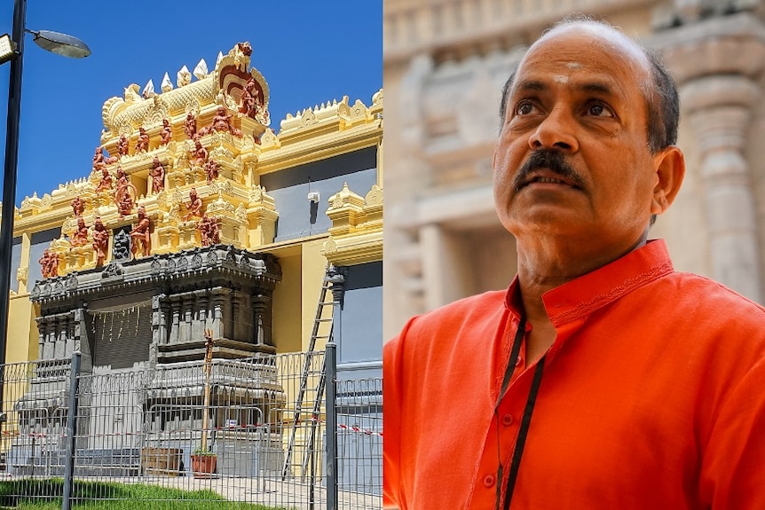 A composite image of the temple and Balaa Kandiah, dressed in an orange shirt