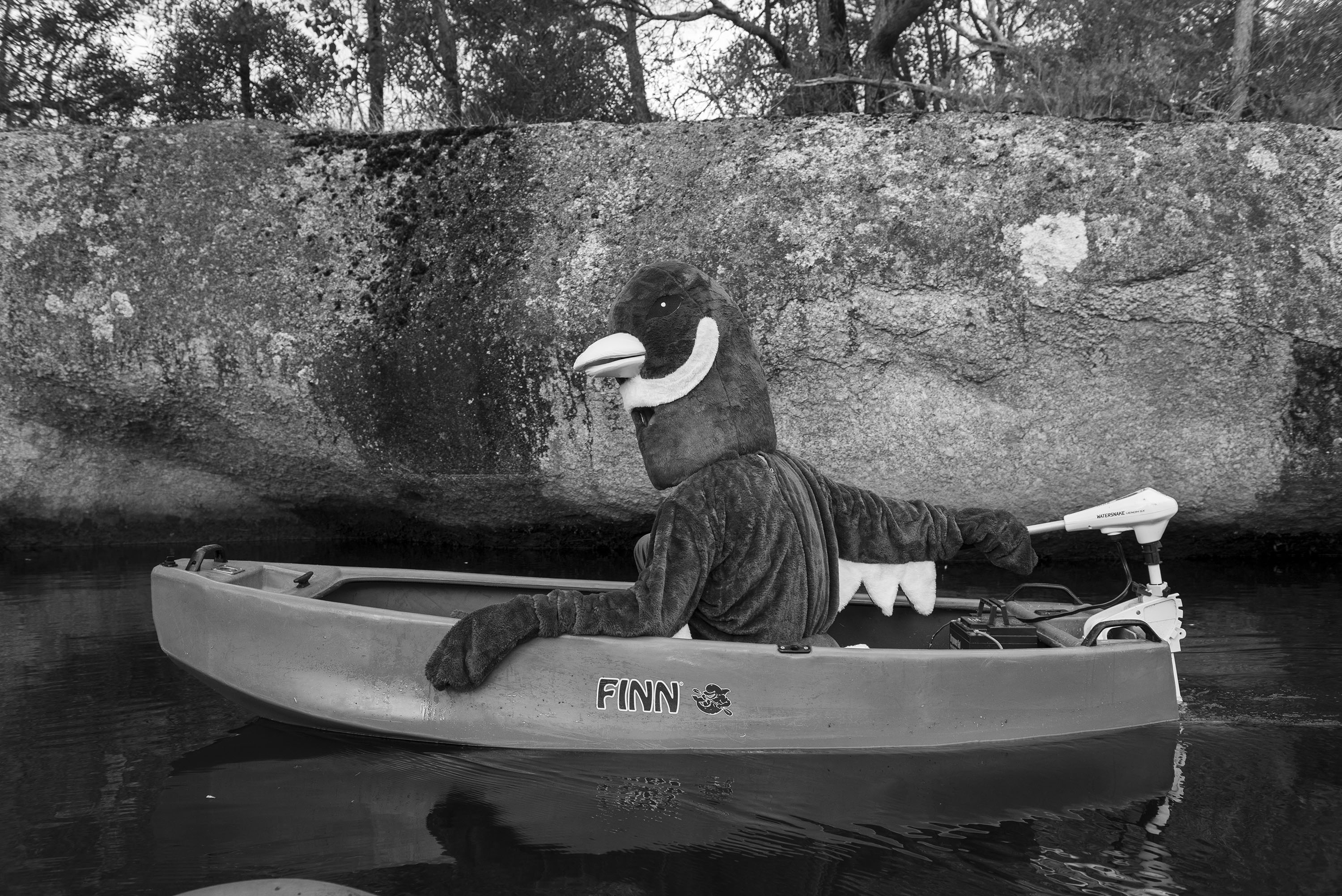 A person dressed in a "goose" mascot costume rides in a boat on a river.