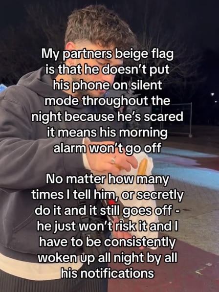 Text says: My partner's beige flag is that he doesn't put his phone on silent mode throughout the night