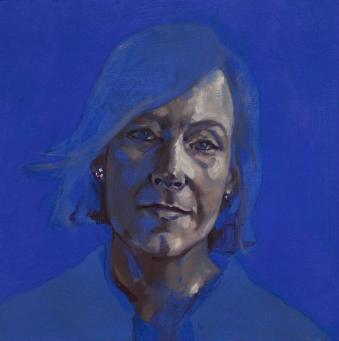 Leigh Sales rendered in shades of grey and electric blue.