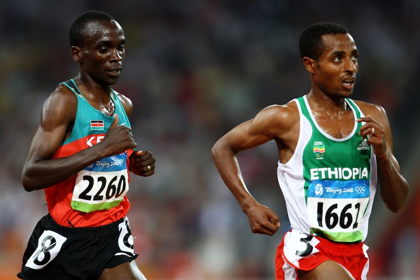 Eliud Kipchoge and Kenenisa Bekele run