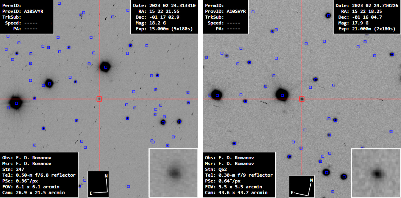 Two grey images with red lines in the middle, They show a tiny black dot, which is the comet. 