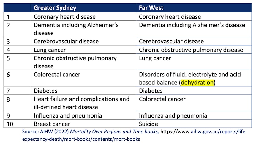 a table comparing the top ten causes of death between residents of greater sydney and western new south wales