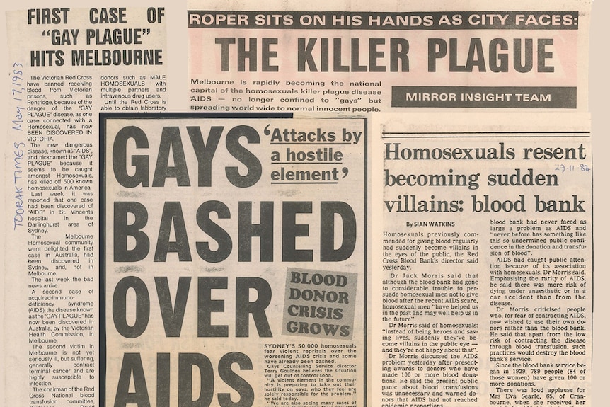 Old newspapers with headlines including "The Killer Plague", "First case of gay plague hits Melbourne", "Gays bashed over AIDS".