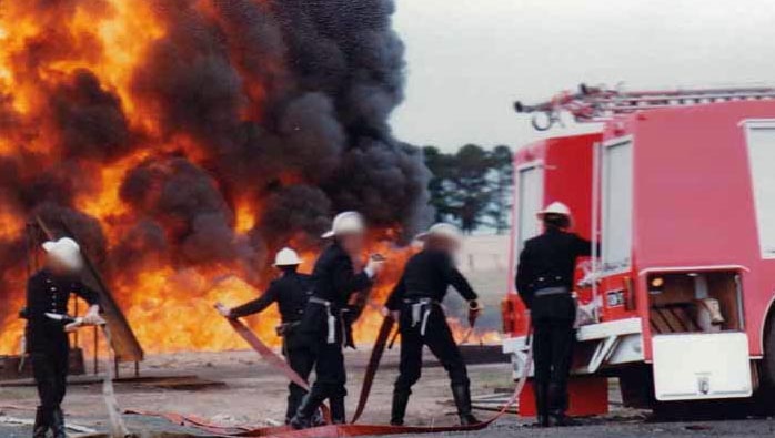 Preparing to fight flammable liquid fire at the Fiskville training facility, 1979.