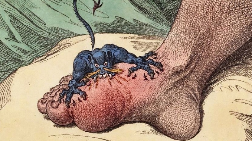An illustration showing a demon biting down on someone's foot