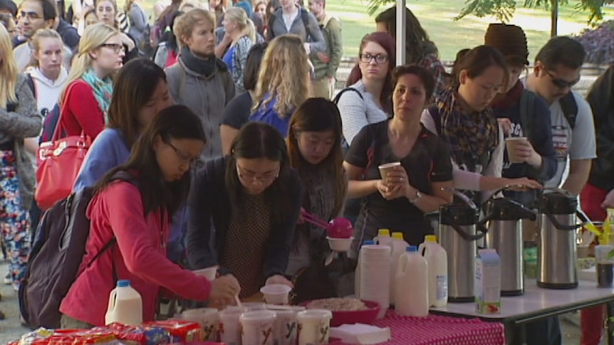 Students at University of Qld at a free breakfast on campus at St Lucia in Brisbane on May 27, 2014