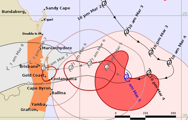 A BOM map tracking Cyclone Alfred over the next few days and where it's expected to land