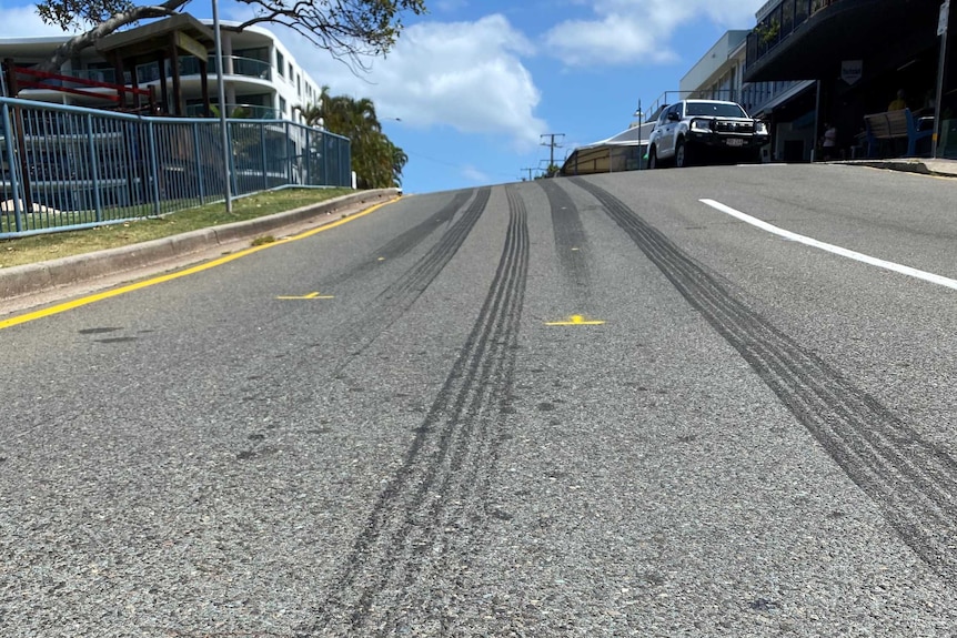 Tyre marks on a road.