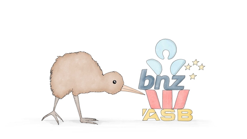 A cartoon of a Kiwi bird next to the logos of the major New Zealand banks