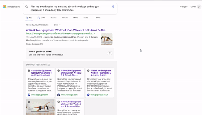 An animated gif showing an allegedly new version of the Bing search interface on desktop