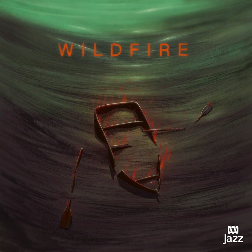 An abstract drawing of a boat in a green ocean; it's on fire and sinking with the oars snapped in half