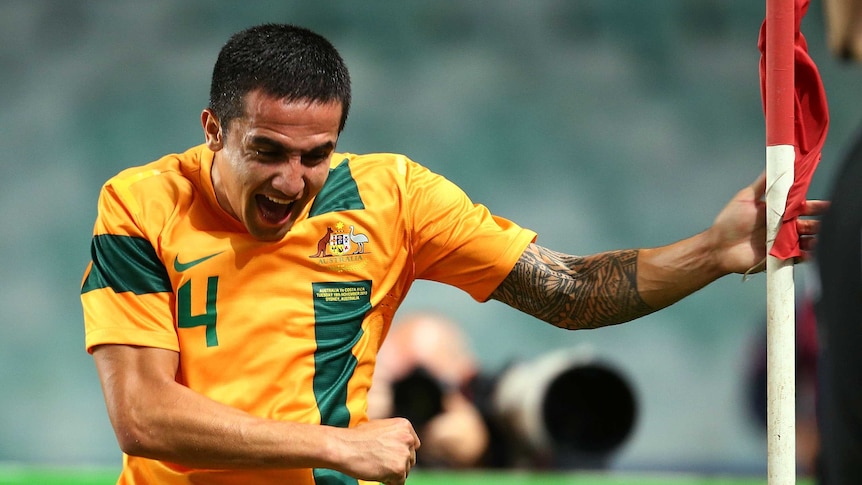 Tim Cahill celebrates after scoring against Costa Rica