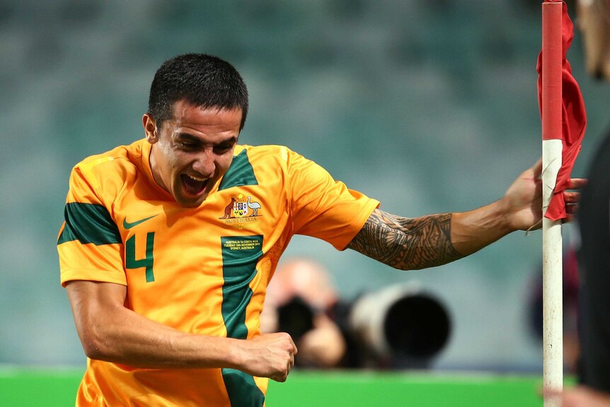 Tim Cahill celebrates after scoring against Costa Rica