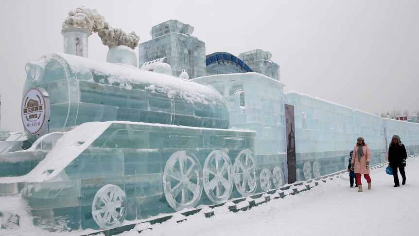 A train-shaped ice sculpture at the Harbin International Ice and Snow Festival in China.