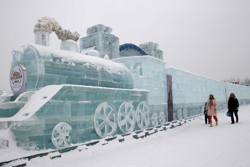 A train-shaped ice sculpture at the Harbin International Ice and Snow Festival in China.