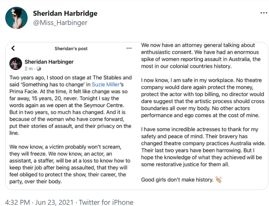 A screenshot of a Twitter post, which is also a screenshot from Facebook, including images of Sheridan Harbridge in costume