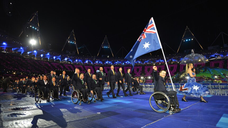 Australian athletes in the parade for the Paralympic Opening Ceremony in London, 2012.