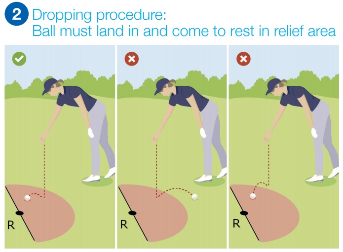 Diagram showing a person dropping a golf ball into a legal zone known as a relief area