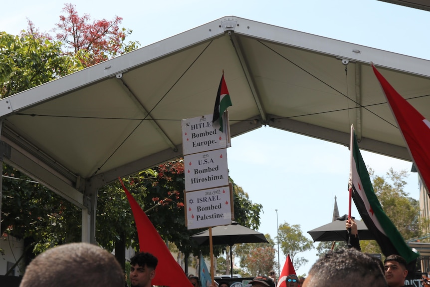 Sign reading "Hitler bombed Germany, USA bombed Hiroshima, Israel bombed Palestine" is held aloft at a rally