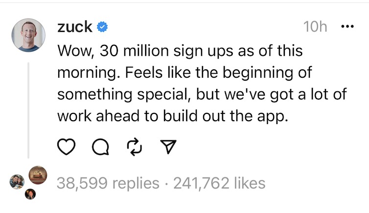 A screenshot of a Threads message from Mark Zuckerberg saying the platform had 30m sign ups