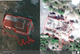 Satellite images show damage to the Drama Theatre of Mariupol.