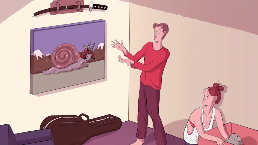 a drawing of a guy and a girl unpacking in a house, the guy is pointing to an artwork on the wall of a snail