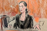 A court sketch of Naomi biden. Her black hair is tied in a bun and she's wearing a black suit.