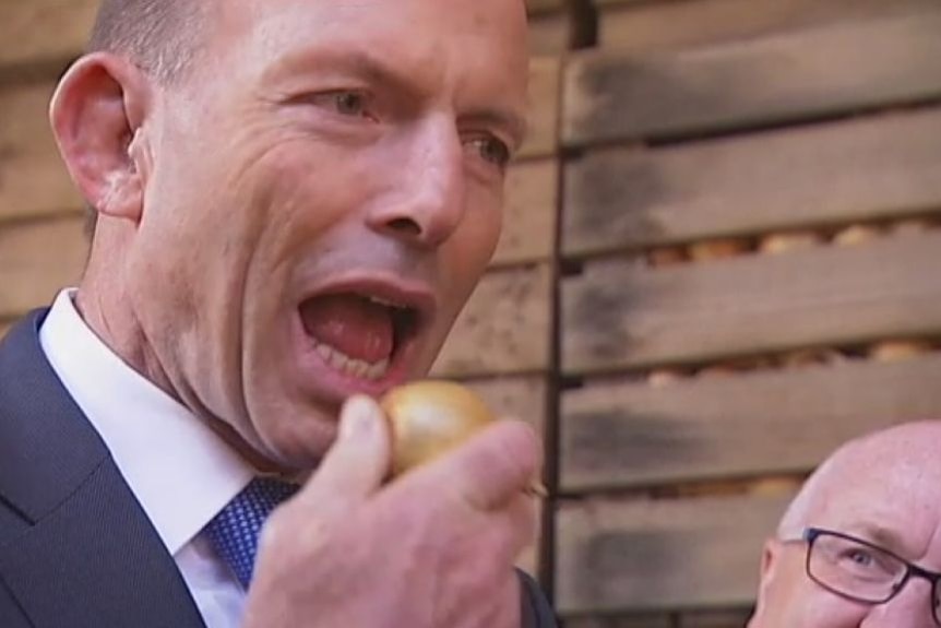 Tony Abbott eats a raw onion, Onions Australia celebrate