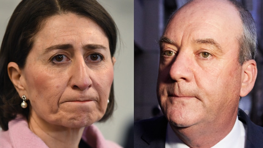 Gladys Berejiklian and Darryl Maguire facing each other in a composite image