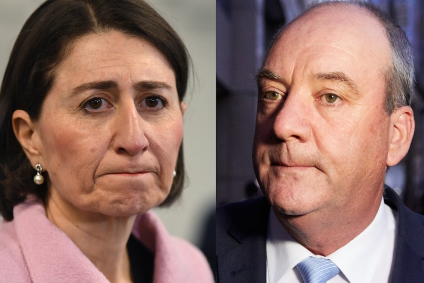 Gladys Berejiklian and Darryl Maguire facing each other in a composite image