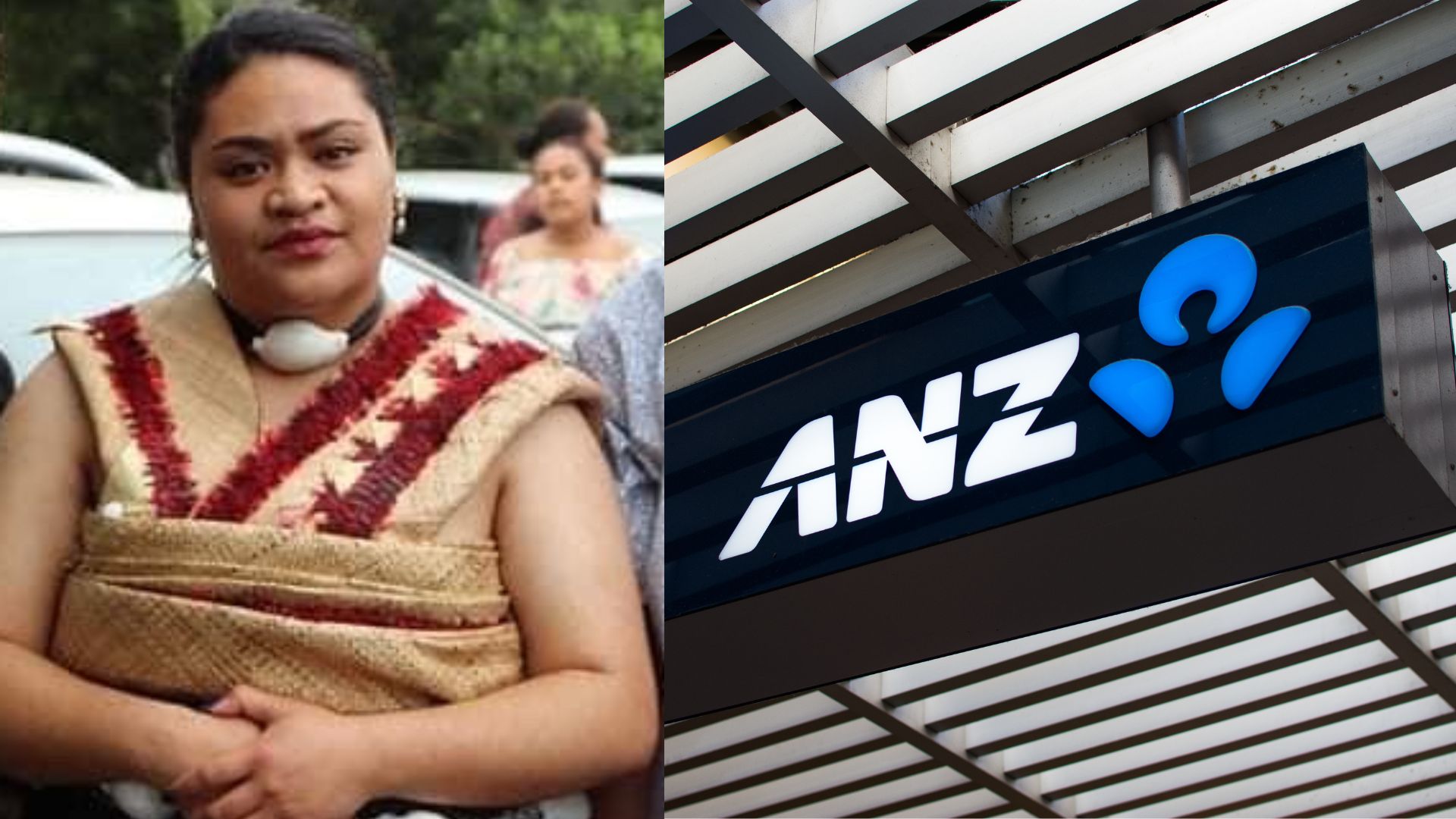 A young woman faces the camera in traditional Maori dress next to an overhanging blue bank sign 
