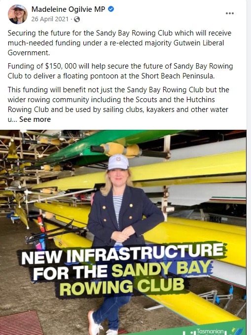 Madeleine Ogilvie's Facebook post about Sandy Bay Rowing Club grant.