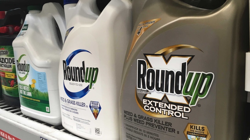 Containers of Roundup on a shelf