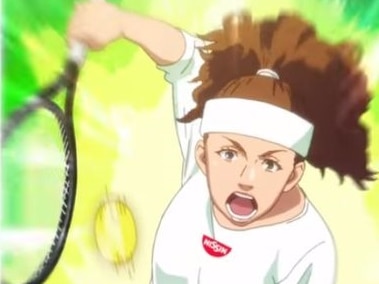 A cartoon in anime style shows a tennis player, Naomi Osaka, mid-hit. Her skin is pale and hair light brown.