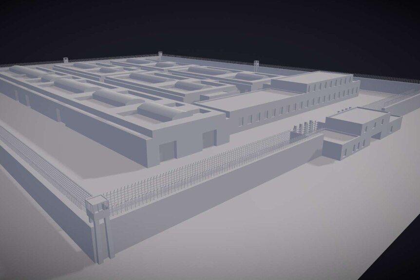 A 3D rendering of a newly built prison in Markit county, Xinjiang. It has high walls and guard towers.